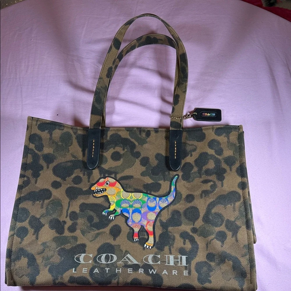 Coach Rexy Brown Camo Print Tote with Multicolor Pride Dinosaur Patch - Picture 1 of 11